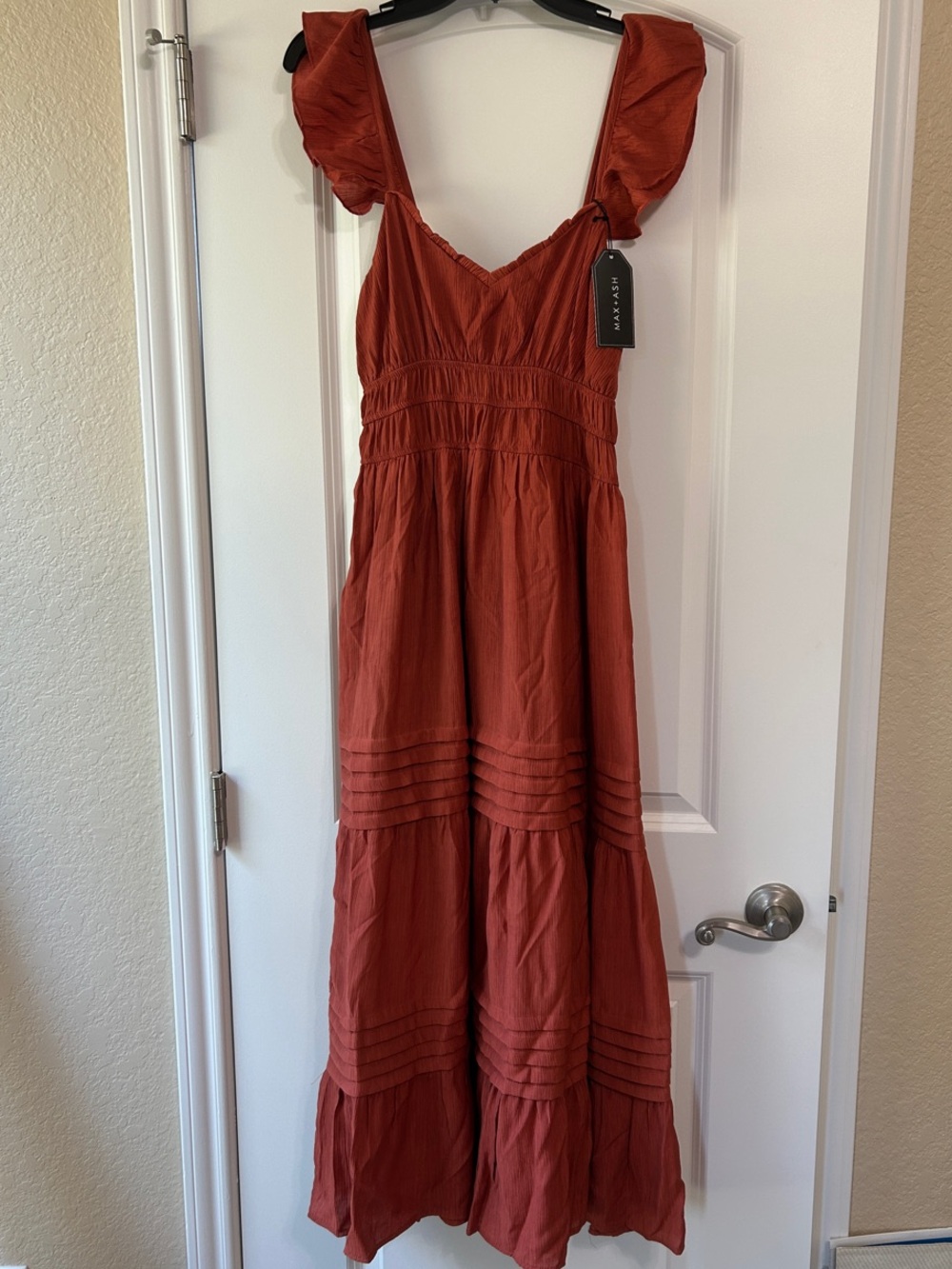 Max + Ash Maxi Dress with Ruffled Straps in Rust